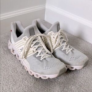 On Running Light Gray and Cream Athletic Shoes
